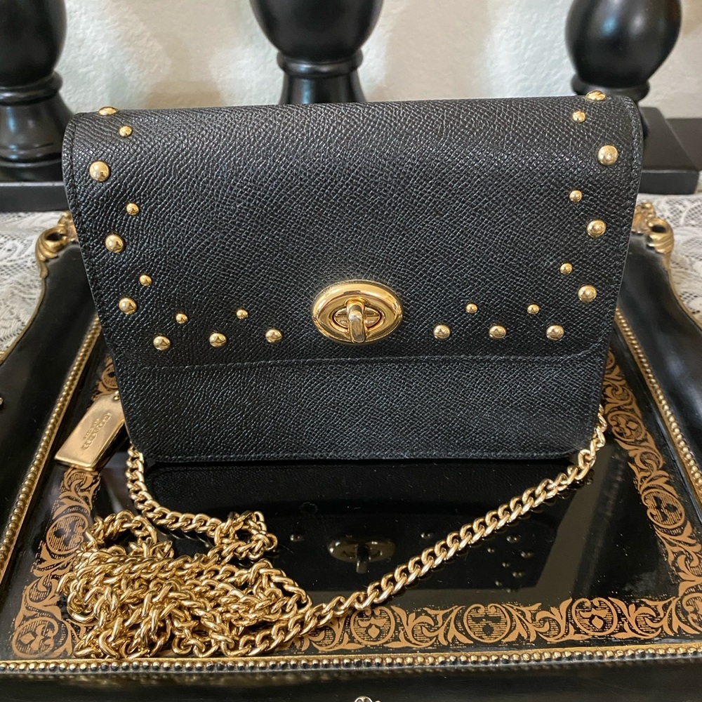 COACH F44964 Bowery Studded Black Crossgrain Leather Turnlock Flap Crossbody - Picture 14 of 14